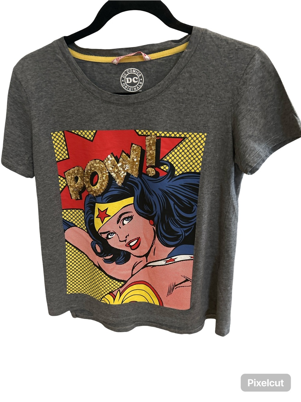 DC Comics Gray Wonder Woman POW! Sequin Graphic Tee -MED